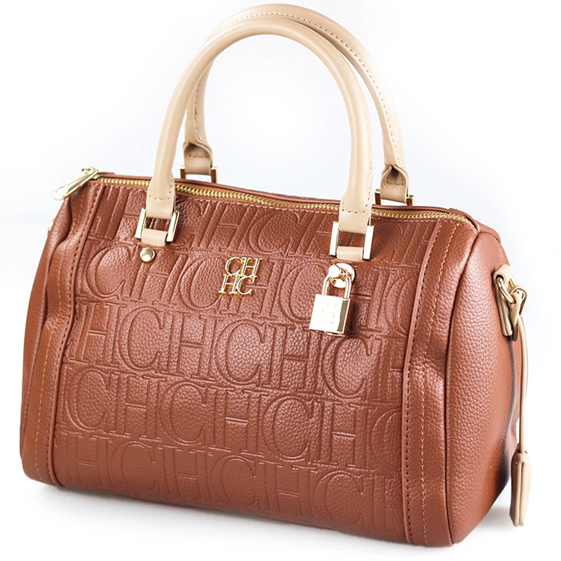CH Fashion Womens Litchi Grain Boston Bag Gold Hardware Rivet Bottom Dual Use Daily Commute Shoulder Handbag