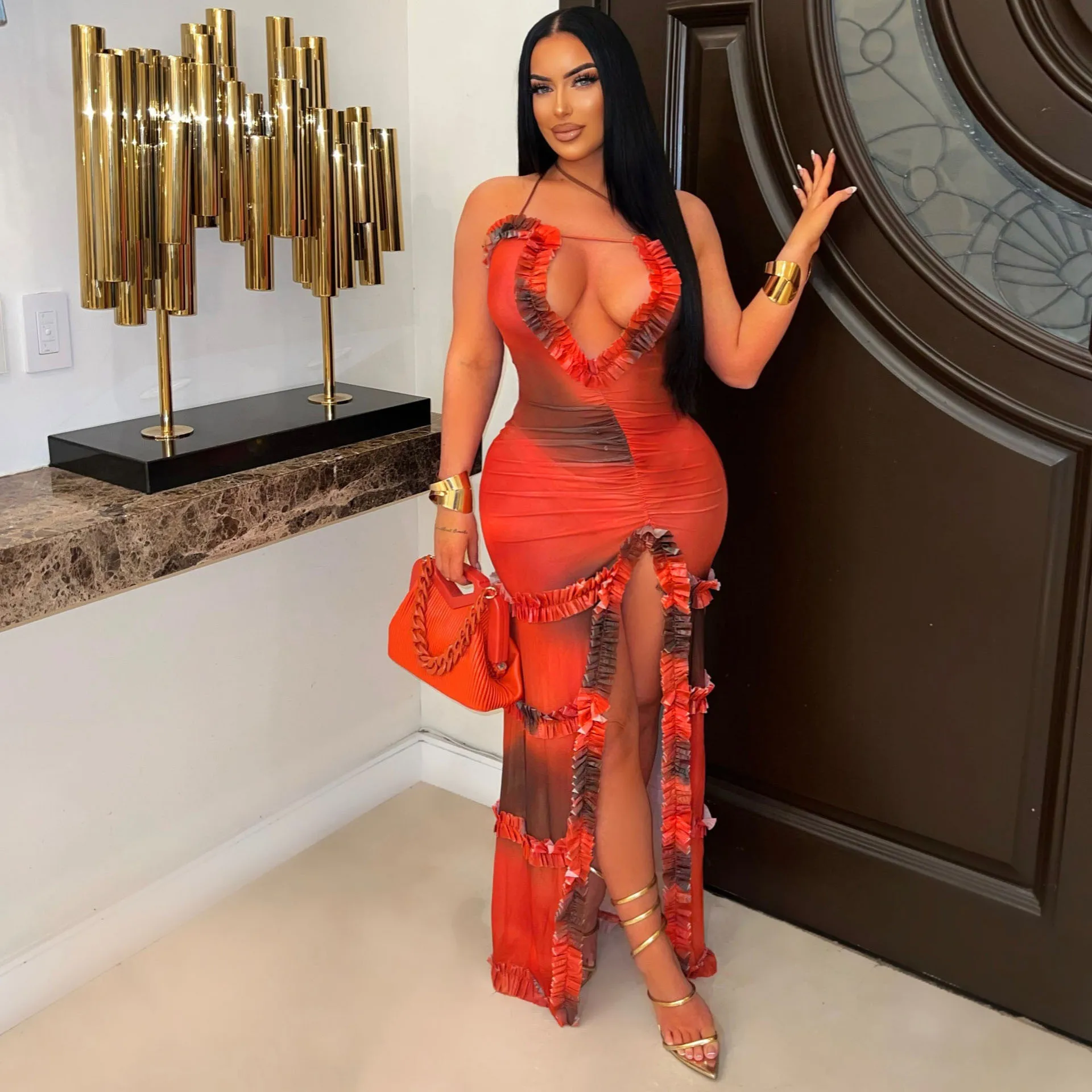 

2025 Summer Women's Dress with Suspender, Hollow Out Sleeveless Pleated Lace Slit Dress