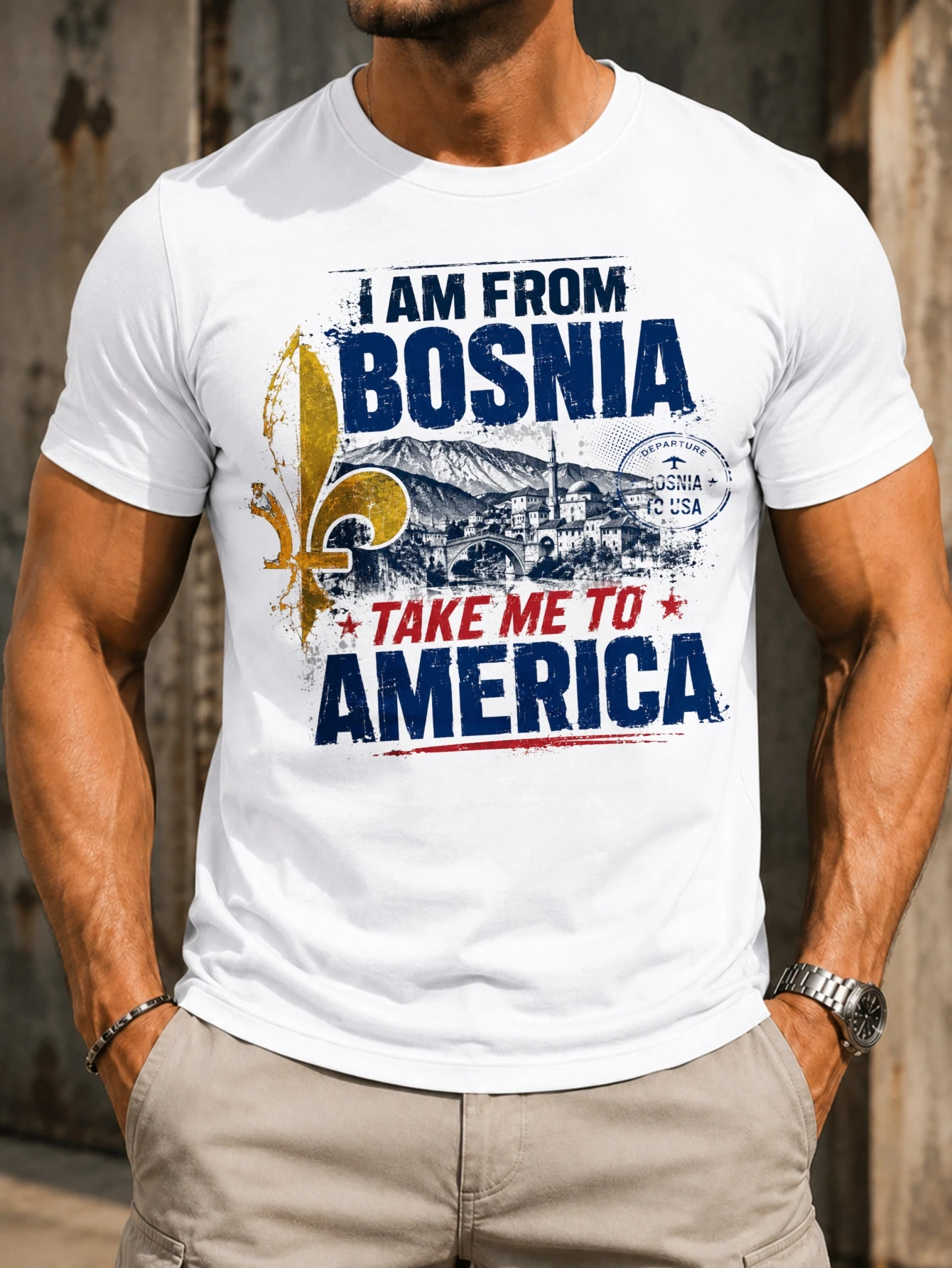 I Am From Bosnia Take Me To America  grunge travel stamp bridge landse fleurdelis blue red style  Unisex All T-Shirt
