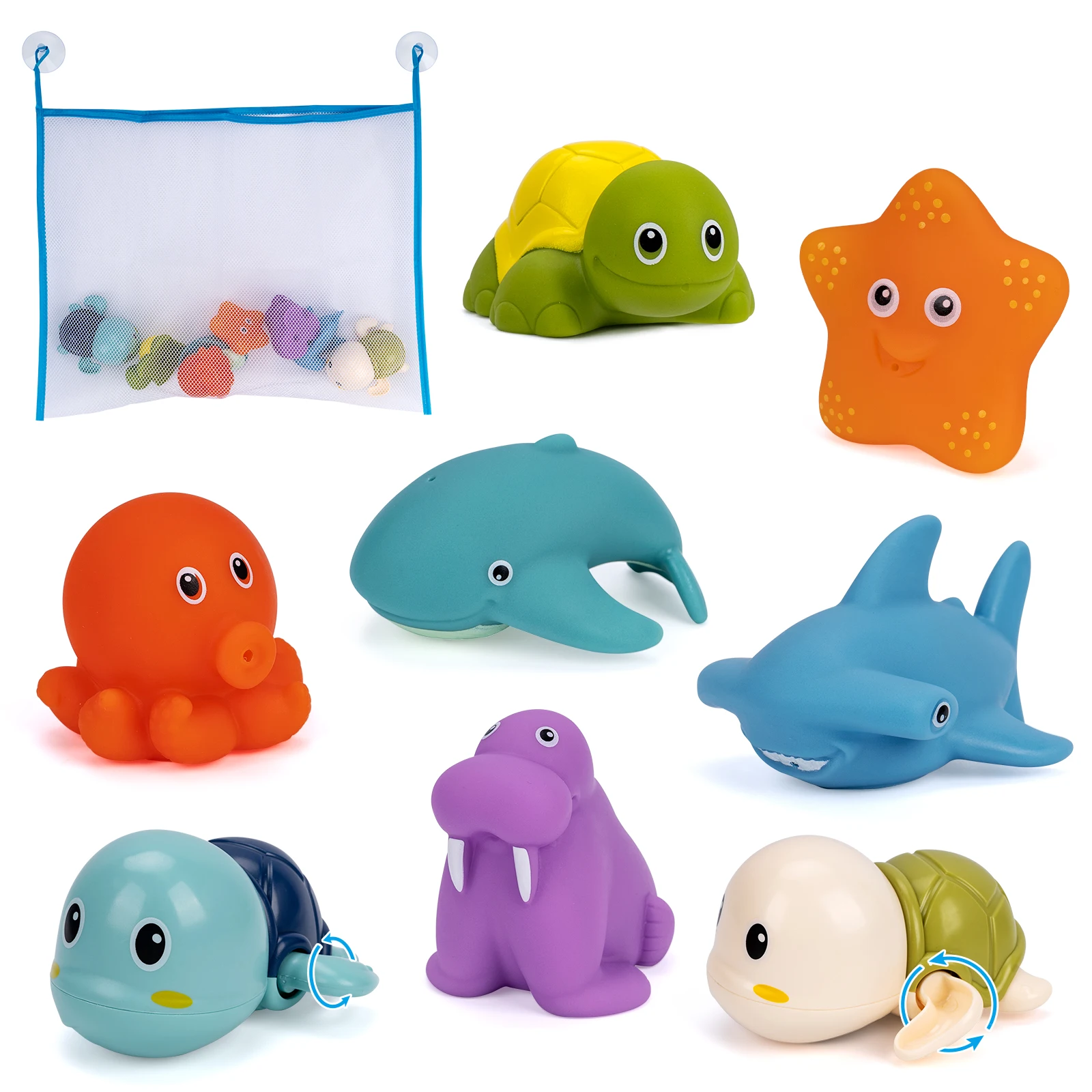 8개 아기 목욕 장난감 수영장 해변 클래식 체인 시계줄 물놀이 장난감 귀여운 만화 물고기 문어 거북이 어린이 물놀이 장난감
