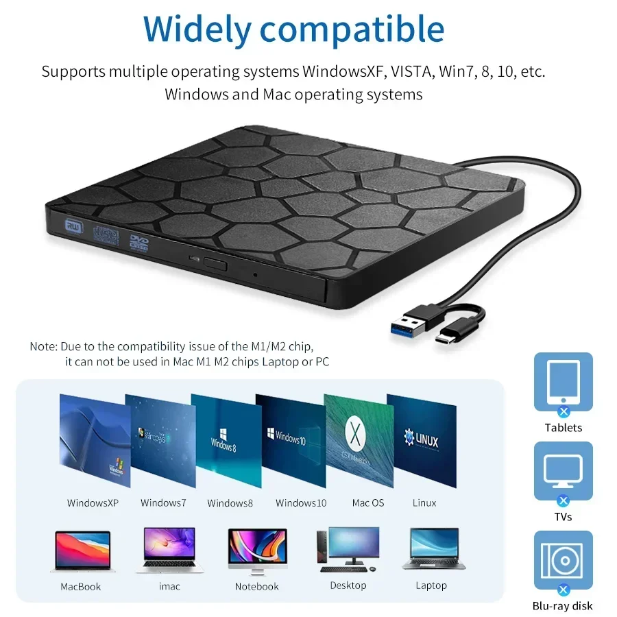 

USB 3.0 2in1 TypeC Ultra-thin External DVD VCD Reader Player Burner Drive Optical Portable Drives Compatible Laptop PC Netbook