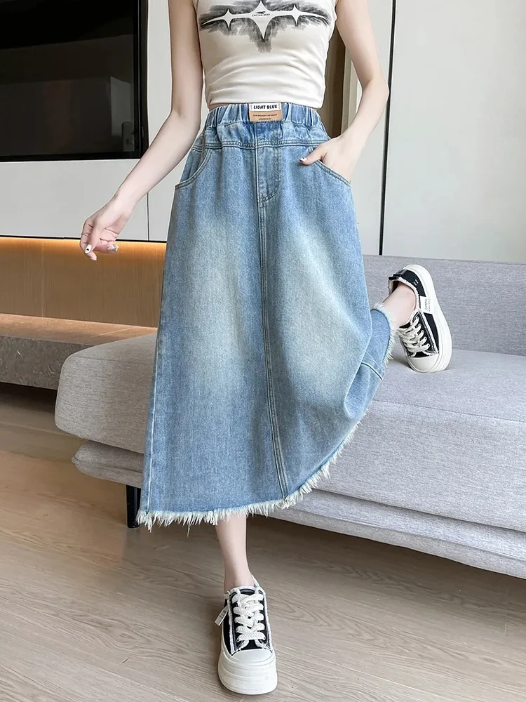Large Size Cowboy Skirt Women Half Body Medium Long Thin Elastic High Waist Students Fattening Soft Tassels