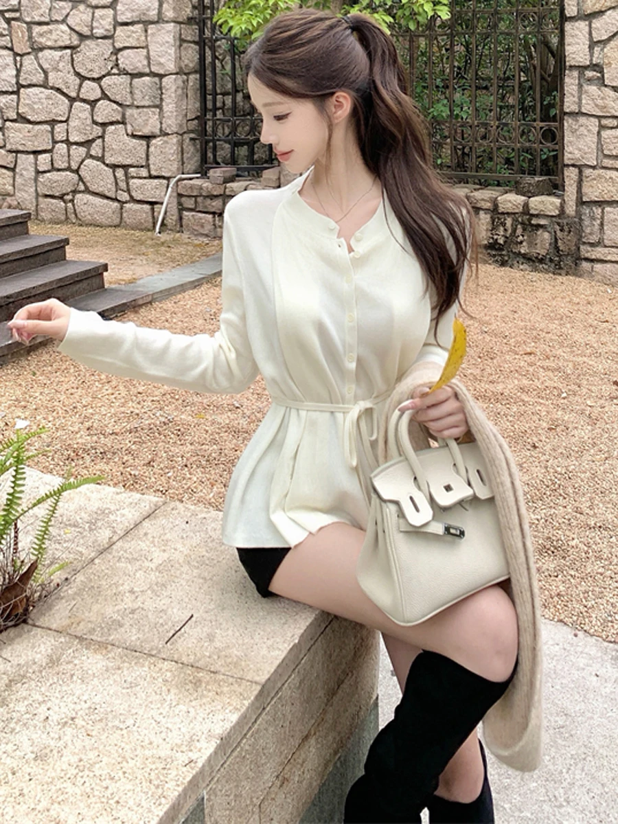 Korean Style Casual Knitted Pure Color Wrap Sweater Women's Fashionable Simple Design Belted Top Suitable for All Seasons