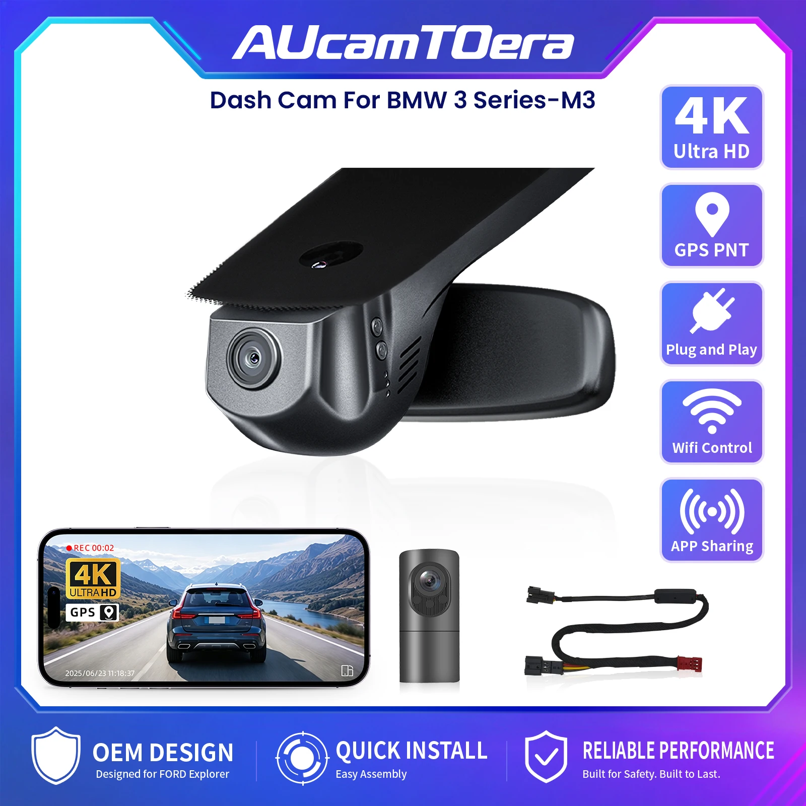 AUcamTOera WiFi & APP GPS Car DVR Dash Cam For BMW 3-Series Gen6 M3 F30/31/34/35 M3 F80 Select DashCam 2012-2019 Plug and Play