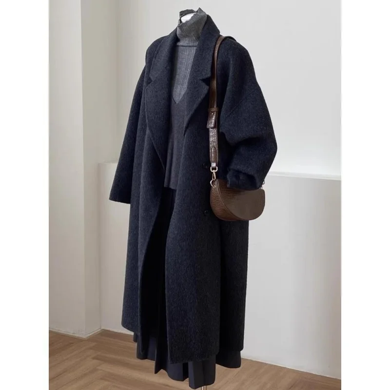 Damen Wollmantel, zweireihig, Basic, locker geschnitten, Retro, neu, lang, doppelseitig, Damen-Überziehmantel, Herbst-Winter, Damenmantel – Detail 5