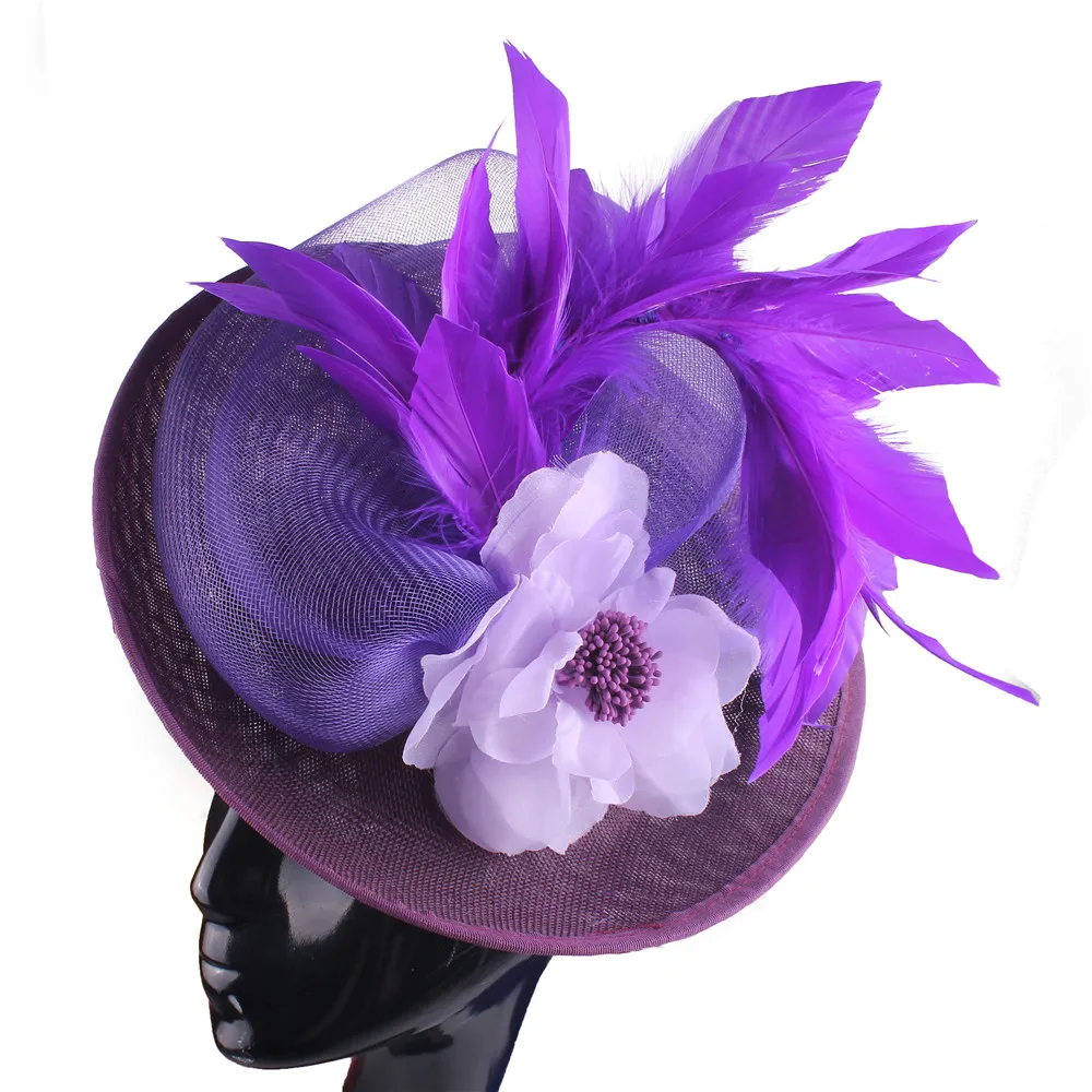 

Luxury Purple Cocktail Millinery Fascinators Hats With Silk Flower Hair Accessories Derby Wedding Vacation Chapeau Caps Headwear