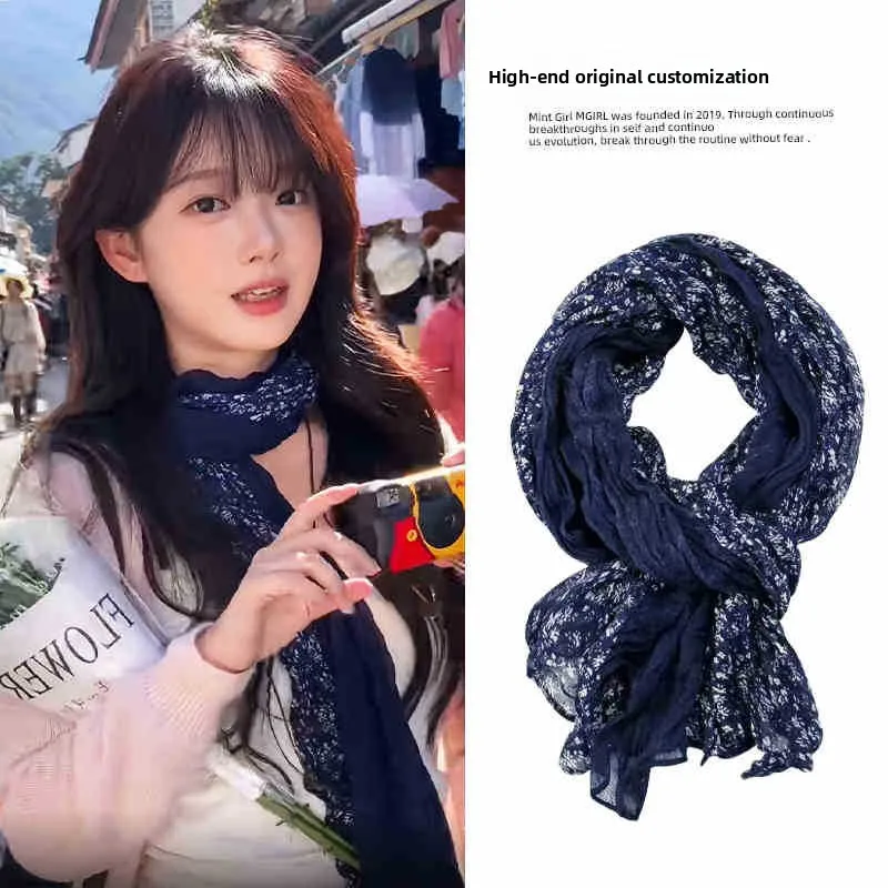 Bufanda plisada floral de algodón y lino Dali viaje fotografía atmósfera chal fino protector de cuello bufanda