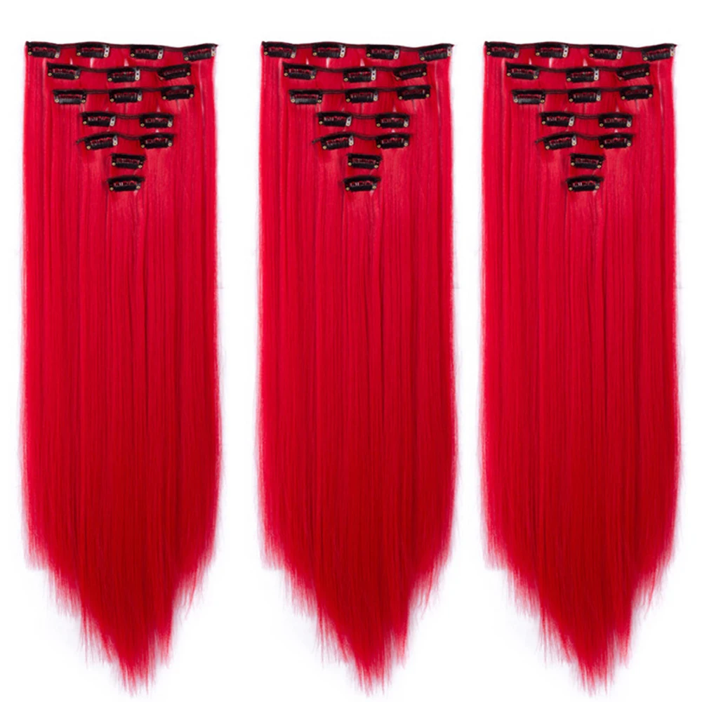 7pcs/Set Long Straight Hair Extension 16 Clips High Tempreture 22inch Synthetic Hairpiece Clip in Red Hair Extensions for Women