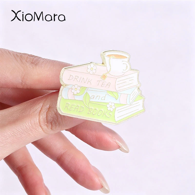 Cute Book Theme Enamel Pins Drink Tea And Read Books Metal Brooches Fashion Lapel Badge Backpack Clothes Jewelry Gift for Friend