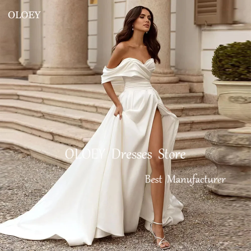 

OLOEY Exquisite Ivory Satin Asymmetrical Wedding Dress Customized Sweetheart Off Shoulder Floor Length Sweep Train Bride Gowns