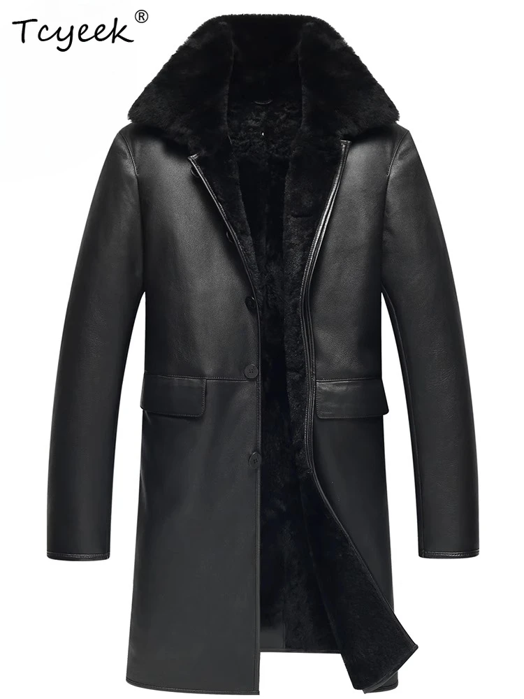 Tcyeek Natural Sheep Fur Coat Real Leather Jacket Men Clothes 100%  Lamb Wool Warm Mens Coats Mid-length 2026 Куртка Мужская