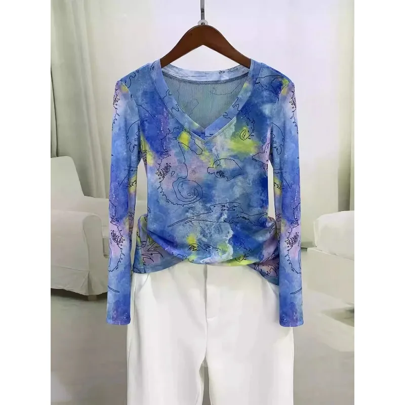 

Double-layer Printed New Chinese Mesh Bottoming Long-sleeved Fashion Autumn Elastic New Top Trendy