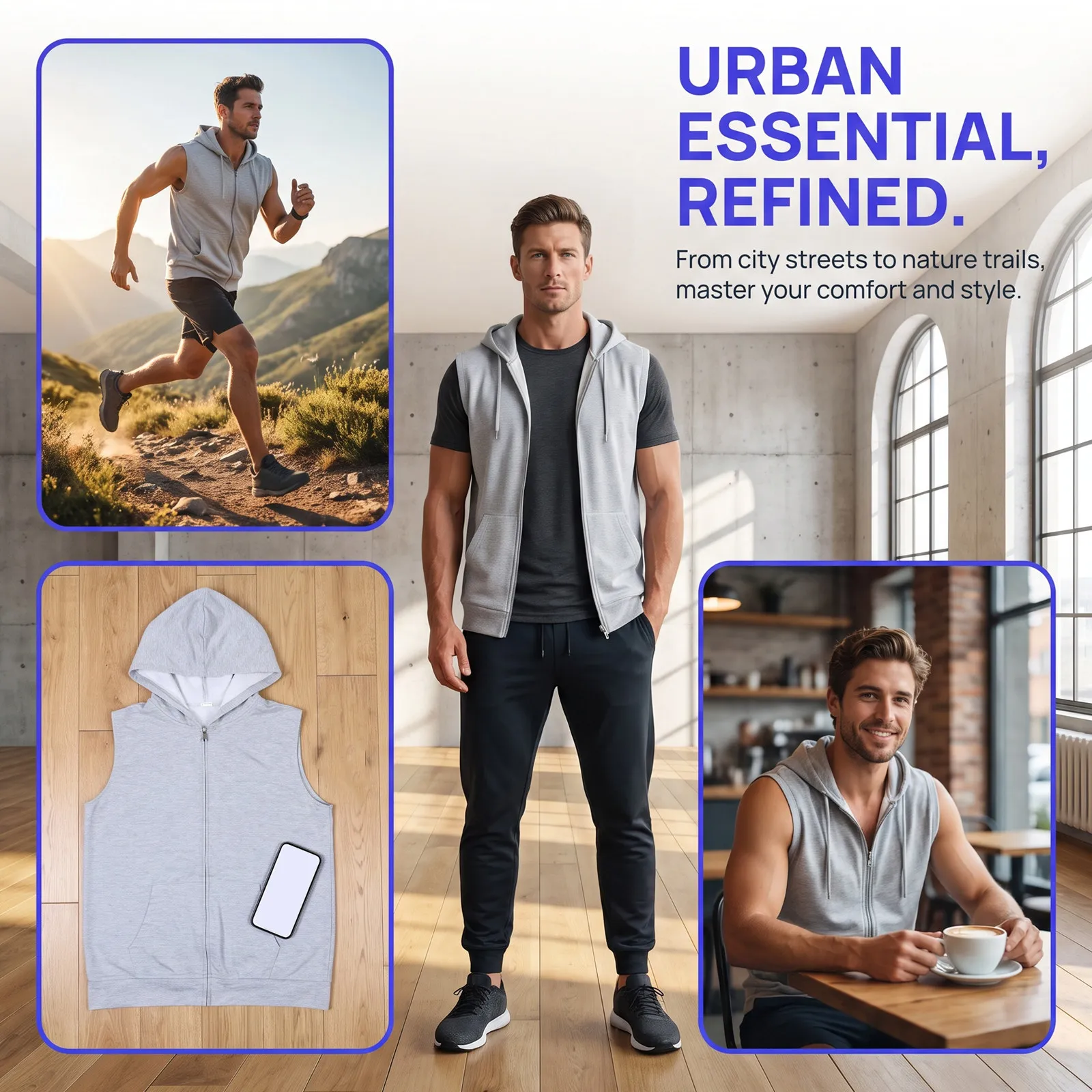 Men's Sleeveless Hoodie Zip Up Vest Lightweight Mesh Running Tank Top Grey Breathable Gym Outdoor Fitness