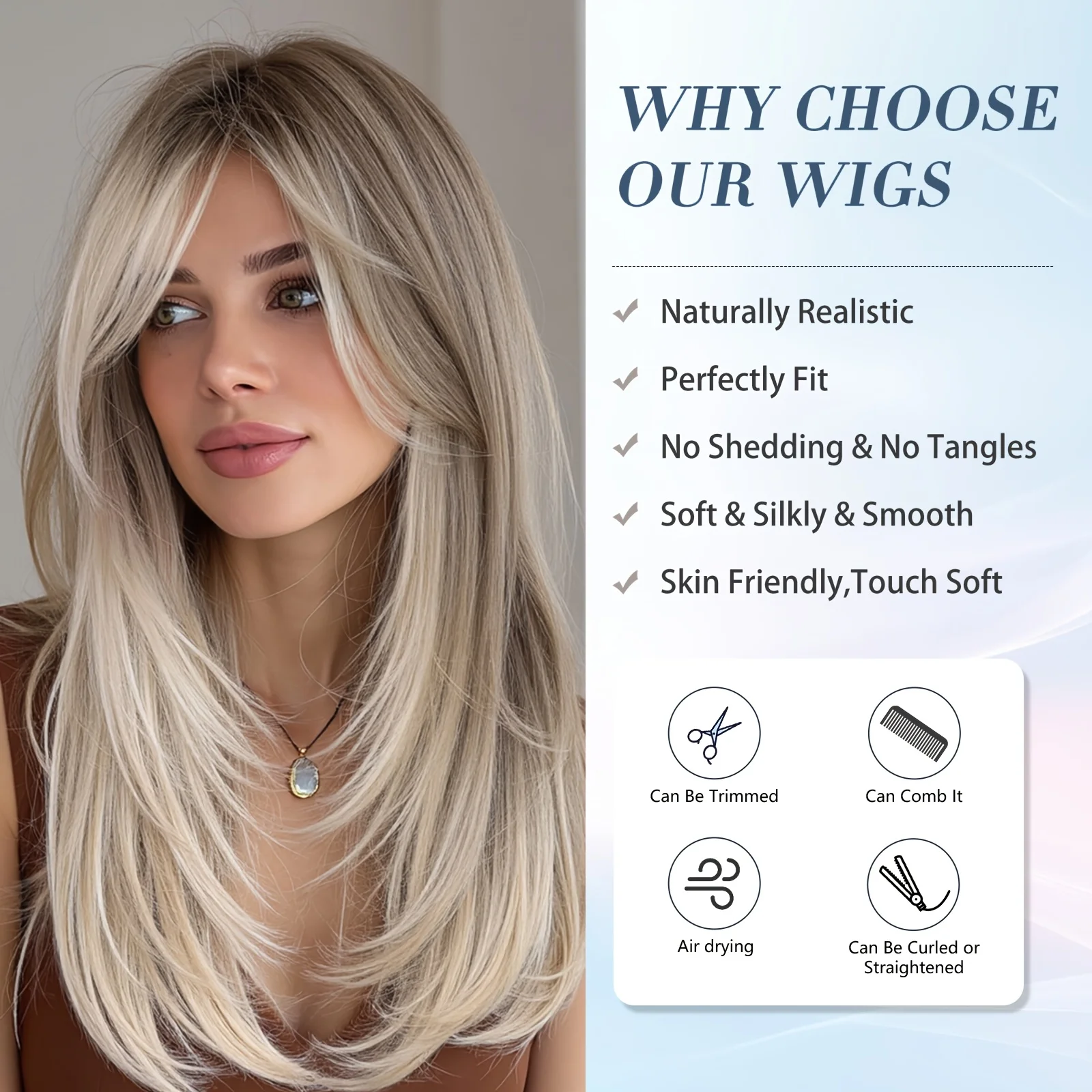 Ash Grey Brown Ombre Long Straight Synthetic Wig with Curtain Bangs for Women High Layered Hair for Natural Chic Daily Look