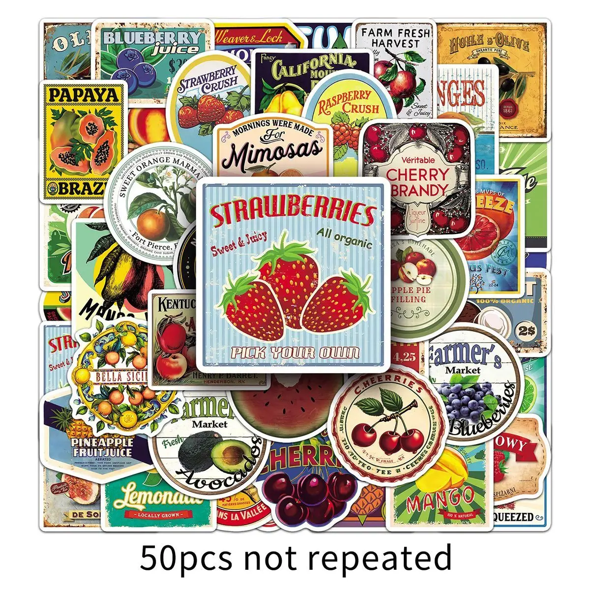 50Pcs Healing Vintage Fruit Label Stickers Retro Colorful Decals for Water Bottle Journal Scrapbook DIY