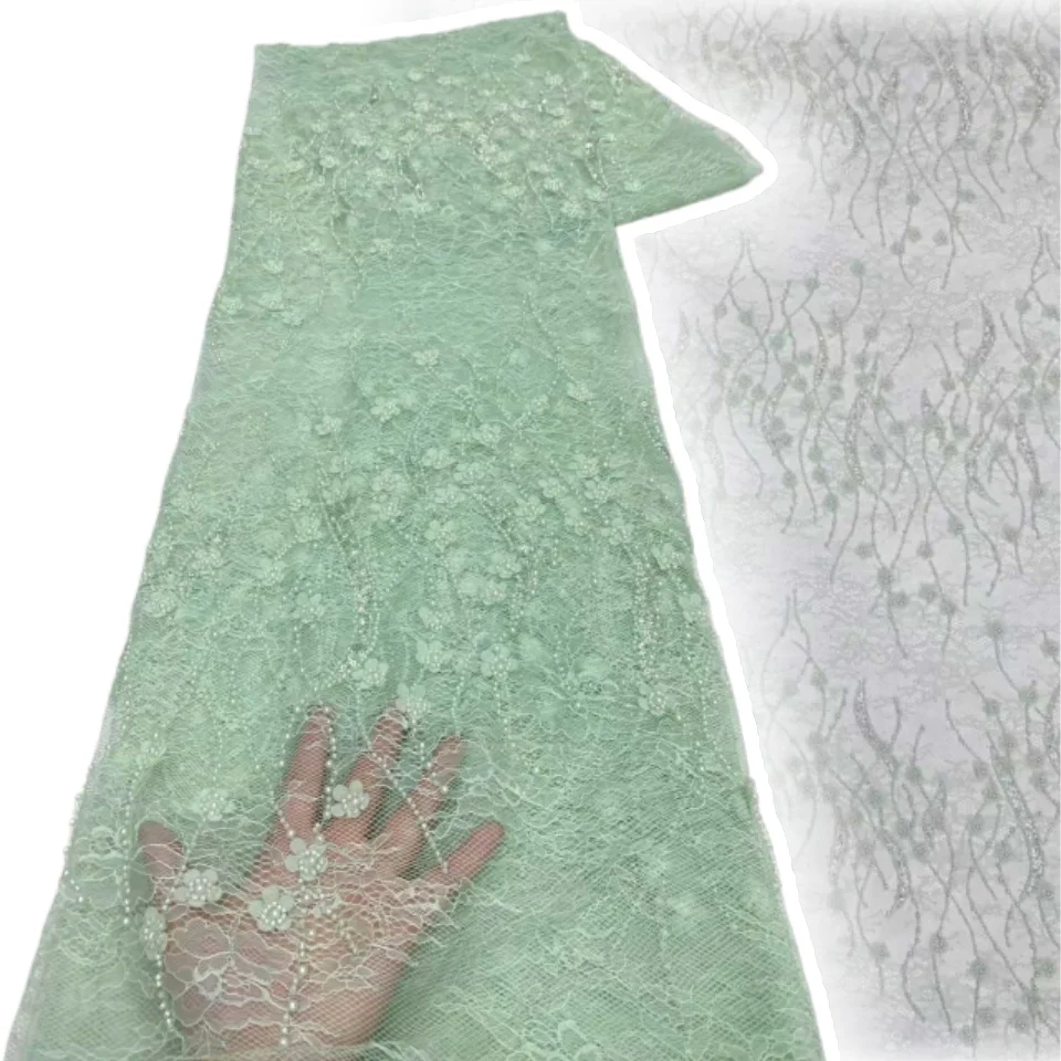 

Green African Beads Groom Tulle Lace Fabric Luxury 2026 High Quality Sequins Embroidery French Tulle Laces for Party Sewing 2009