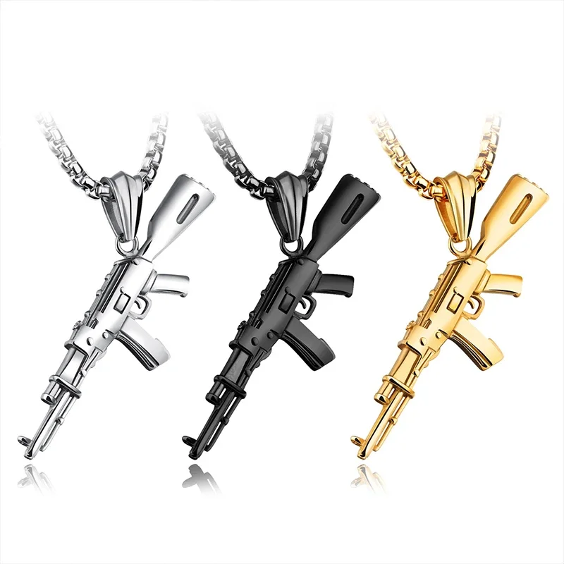 Necklace Men Military enthusiast Stainless Steel Chain AK Submachine Pendant Hip Hop Jewelry for Men Accessorie
