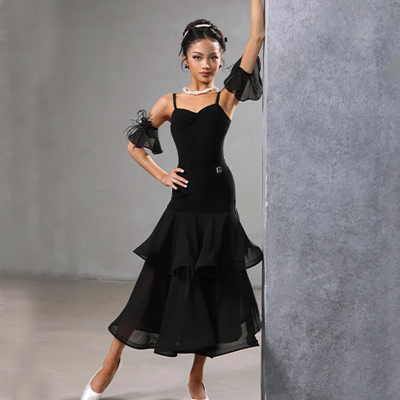 Fashion National Standard Latin Dance Dresses Black Latin Top Cake Skirt Girls Waltz Ballroom Dance Professional Wear SL10500