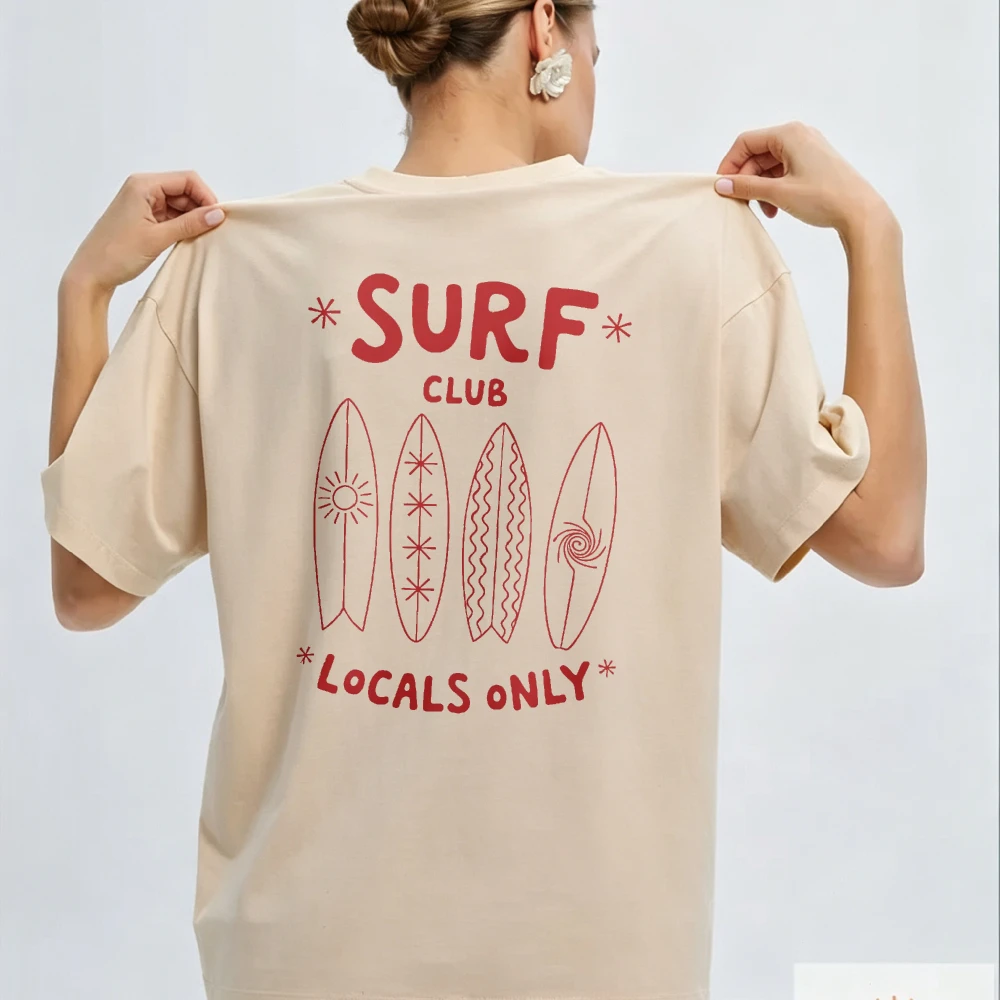 Oversized Red Crew Neck Short Sleeve T-Shirt Surfboards Stars Surf Club Locals Only White