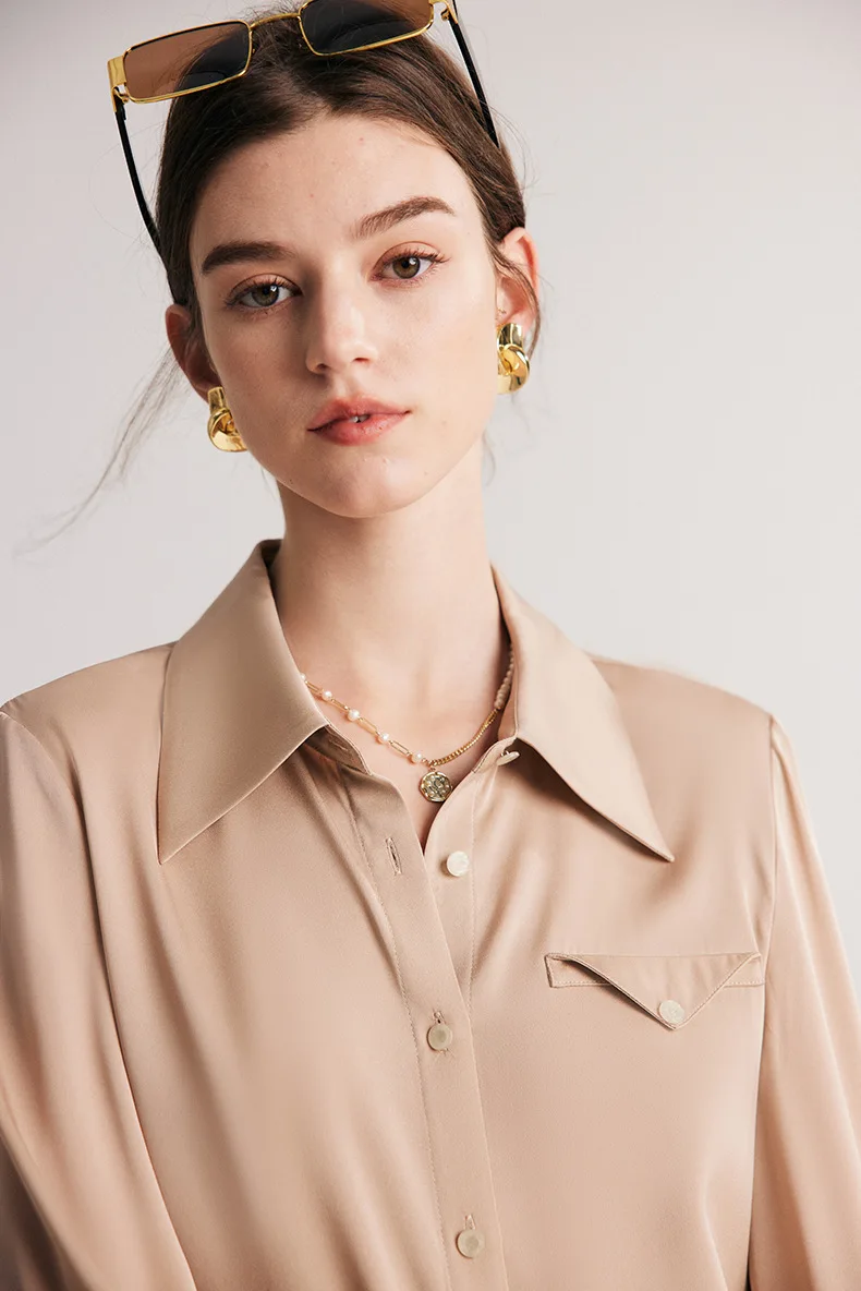 Women's Natural Shirt Turn Down Collar Long Sleeves Flap Elegant Fashion Blouse Tops