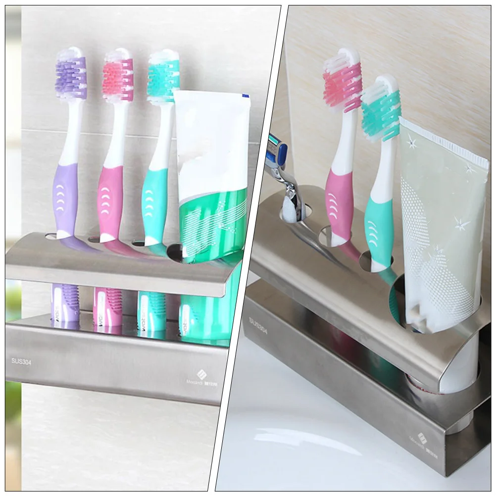 

Stainless Steel Toothbrush Holder Wall Mounted No Drills Self-Adhesive Punch-Free Toothpaste Rack Organizer Bathroom Accessories