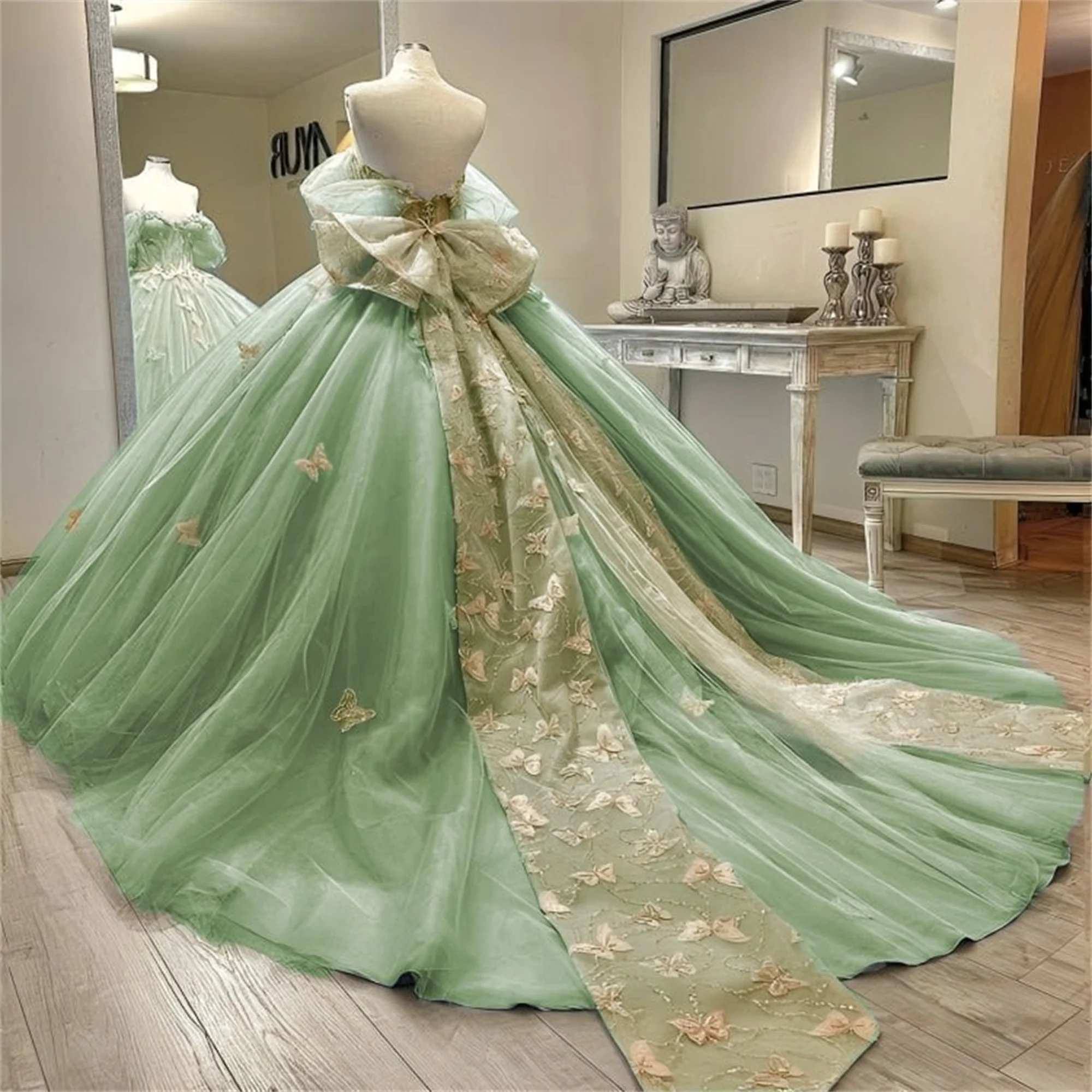 JEHETH Butterfly Appliqué Quinceanera Dress Sweetheart Long Train Adult Gown Corset Bow Shimmering Off Shoulder Evening Dress