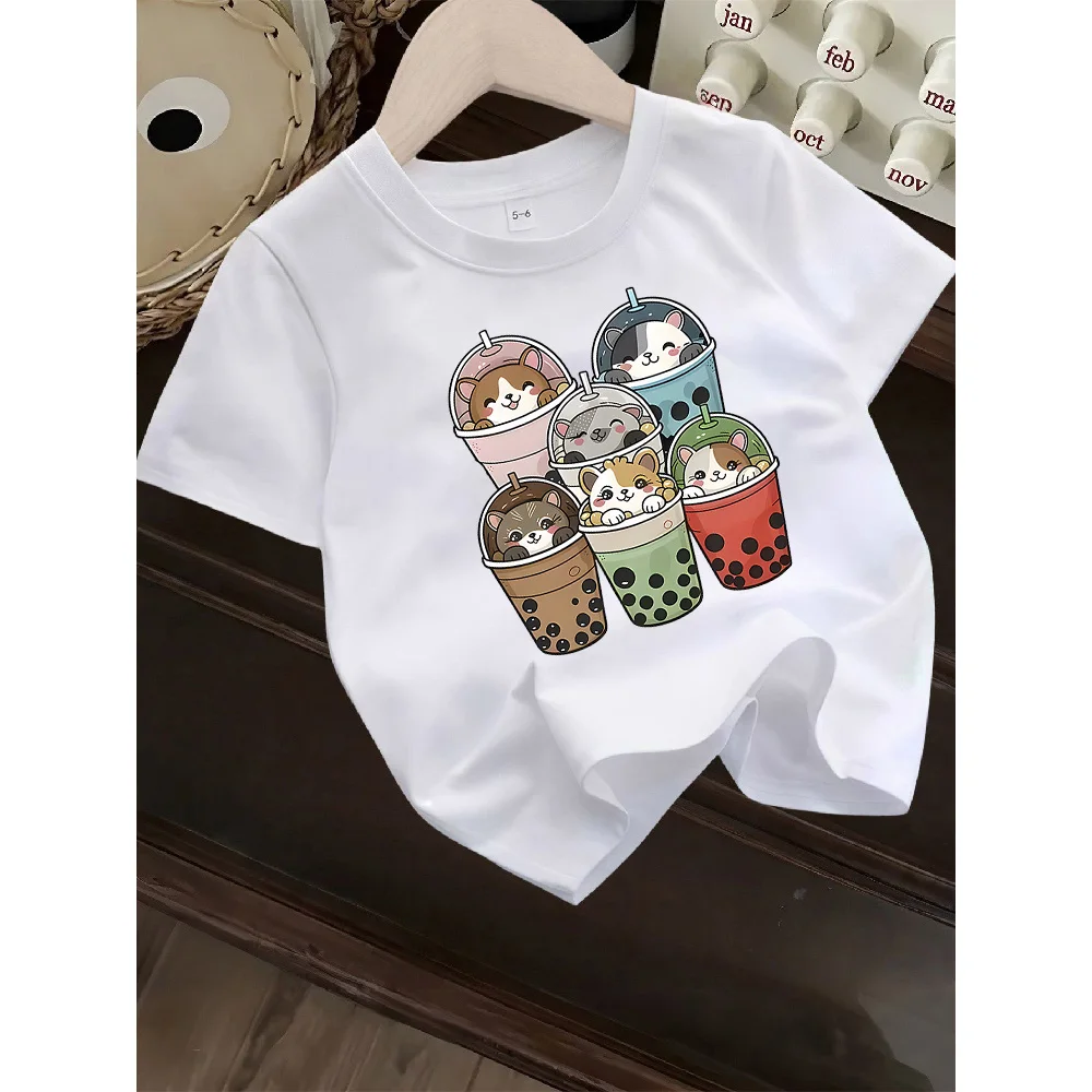 Children's T-shirt Summer Soft Skin Friendly Loose Comfortable Casual Simple Cute Milk Tea Printed Short Sleeved Top