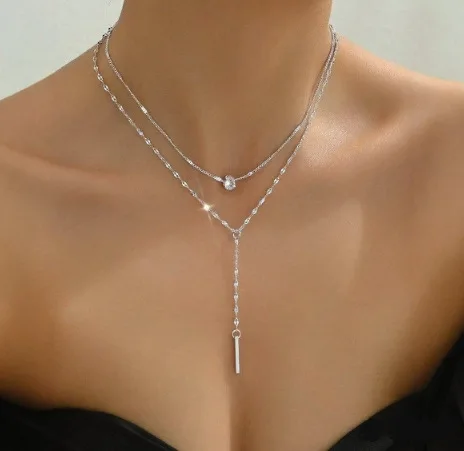 Trendy Y-shaped Waterdrop-shaped Zircon Crystal Pendant Vertical Bar Lariat Chain Tassel Double-layer Necklace for Women Jewelry