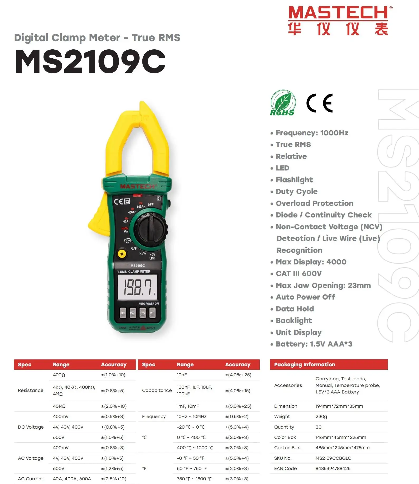 Mastech MS2109C Clamp Meter Digital Tester Professional Voltmeter Pliers Ammeter Electric Multitester