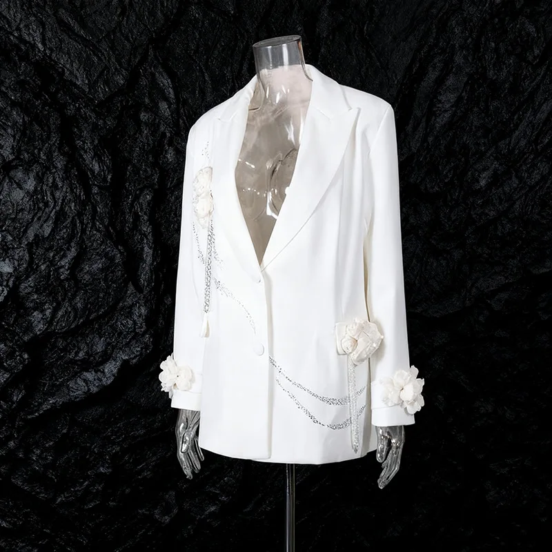 ZAMOR HIGH STREET Women's French Style 3D Flower Tassel Rhinestone Blazer 2026 New Commuter Solid Color Suit Jacket