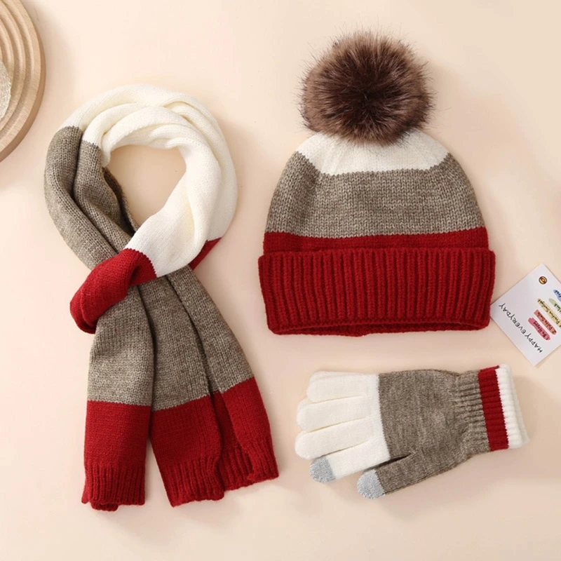 Kids Hat Scarf & Gloves Set Winter Pom Pom Hat with Gloves & Scarf Warm Knitted Beanie Hats Girls Boys Gloves Scarf 1560