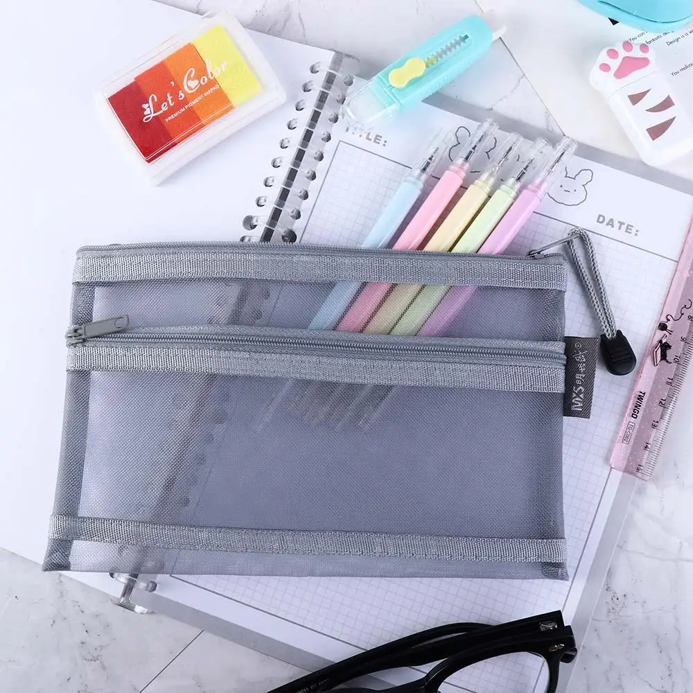 Nylon Pencil Case Large Capacity Office Cosmetic Storage Bag School Stationery Supplies Double Mesh Pencil Bag File Folder