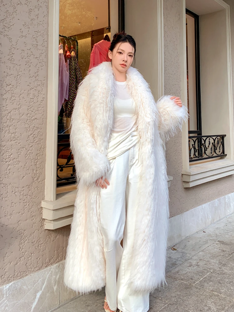 Lady Winter Lapel Faux Fur Coat Stylish Long Jacket Female Streetwear Women\'s Clothing Performance Costume Promotion