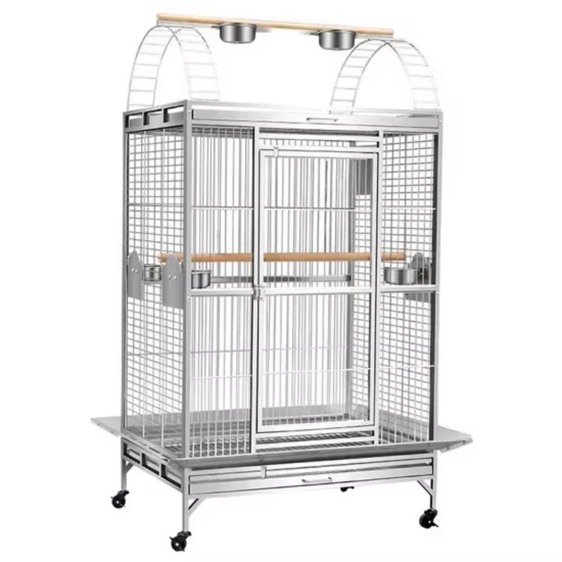 Stainless steel large luxury eco-friendly four-season bird cage with wooden perch rack and stainless steel food container