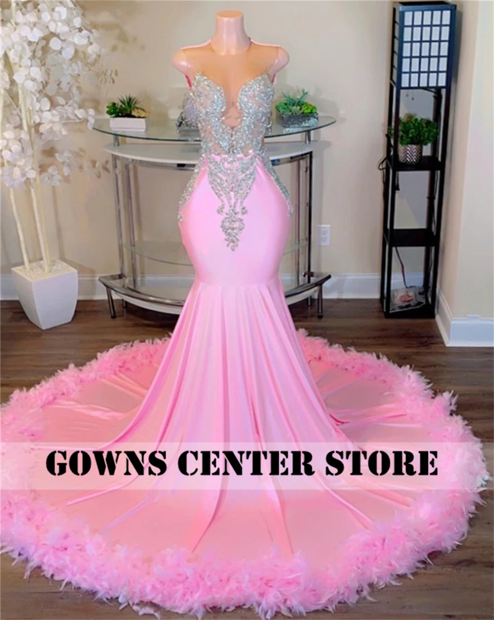Sweety Pink Feathers Mermaid Prom Dresses 2024 For Black Girls Sliver Crystal Beaded Cocktail Gowns Sexy Sparkly Customized image 3