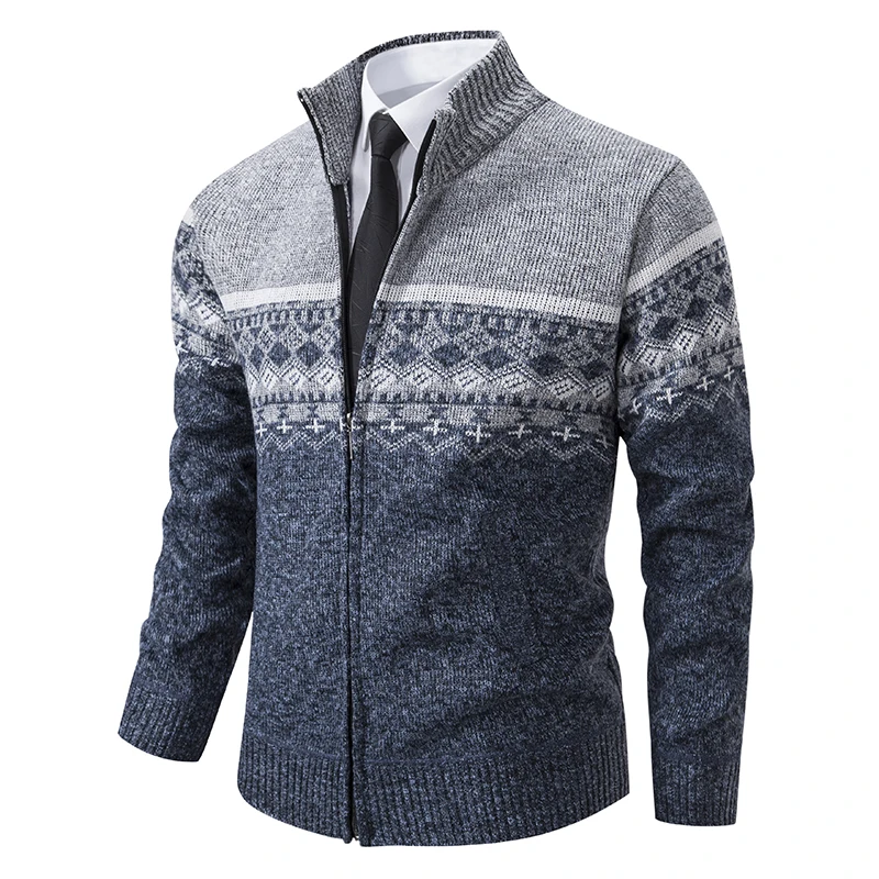 Autumn Winter Men's Casual Cardigan Jacquard weave Stand Collar Sweater Fashion Warm Zipper Coat