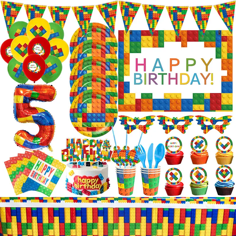 Building Blocks Birthday Decoration Tableware Cup Plate Balloons Backdrop Banner Baby Shower Kids Girls boy Party Event Supplies