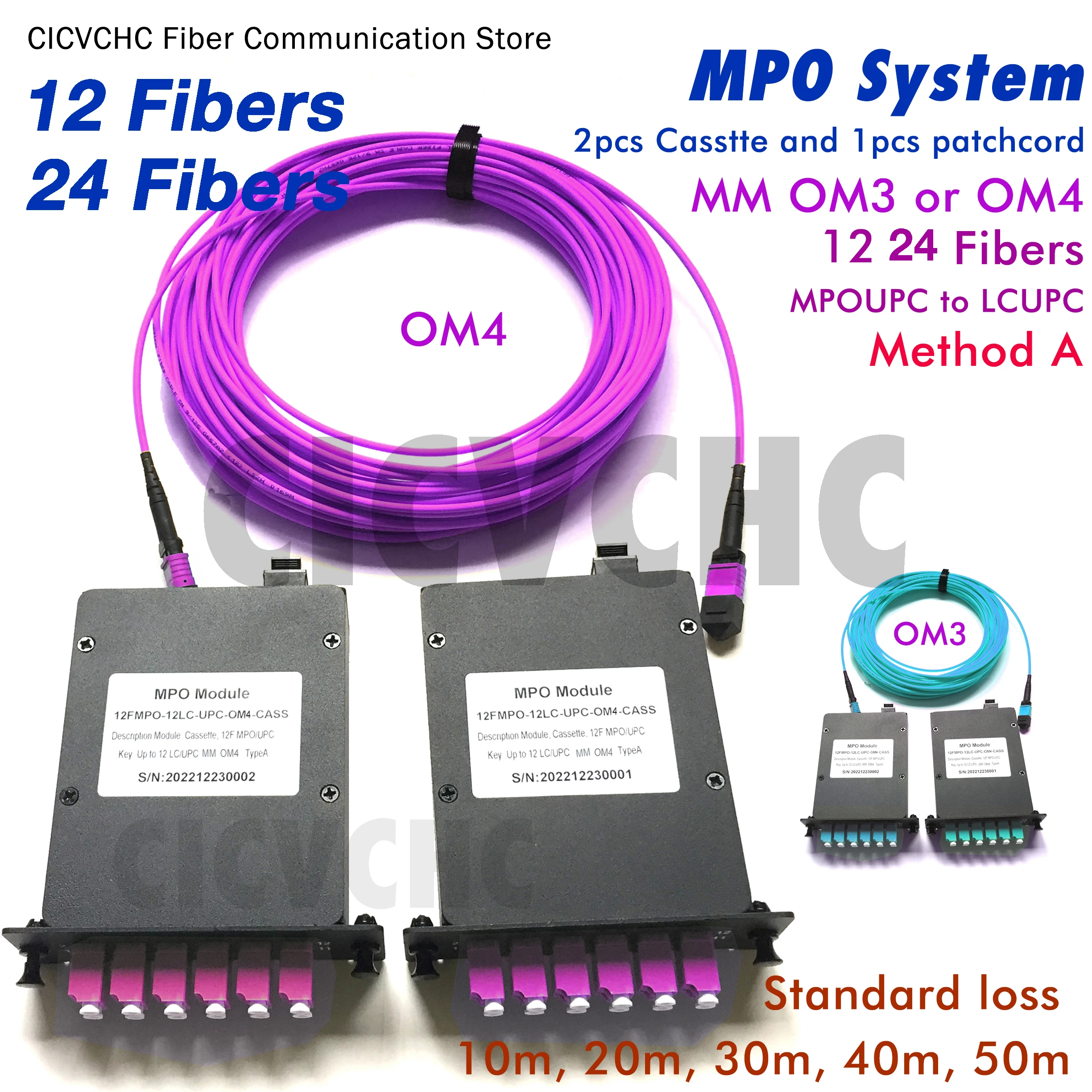 

12 24 Fibers MPO/UPC-LC System Method A B Cassette Patchcord Multimode OM3, OM4-10m to 50m Optic Fiber