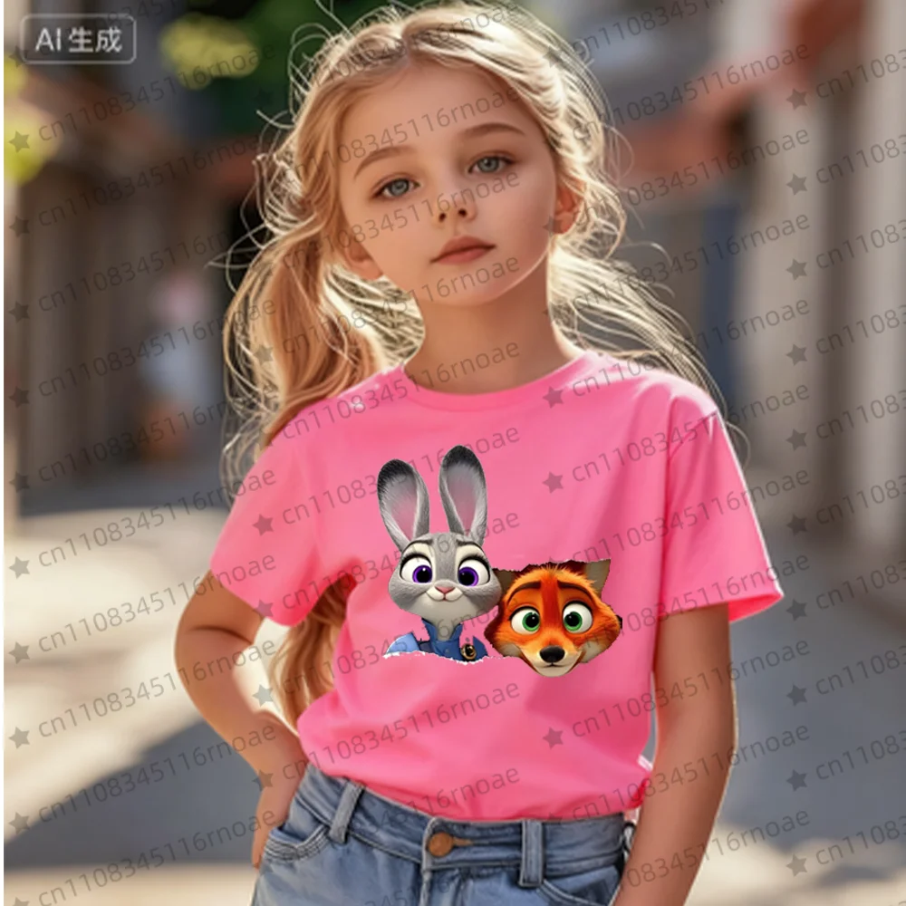 ديزني Zootopia 2 الأطفال قصيرة الأكمام تي شيرت أزياء لطيف الأرنب والثعلب الكرتون تصميم الفتيات والفتيان الملابس