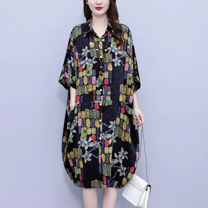 

#7927 Vintage Shirt Dress Women Batwing Sleeve Loose Retro Front Buttons Shirt Dress Female Split Joint Printed Black Summer