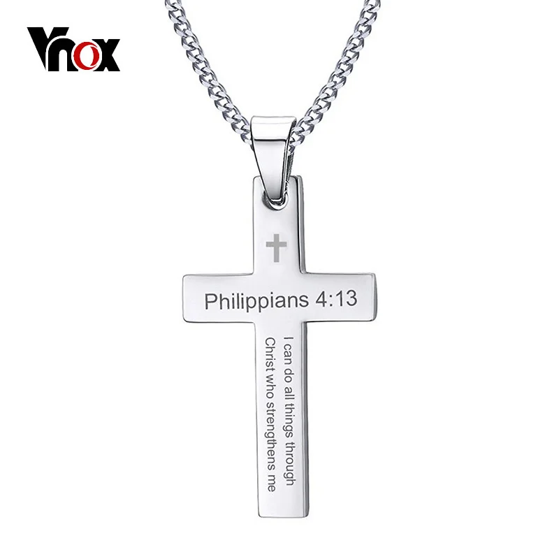 Vnox Philippians 4:13 Simple Cross Pendant for Men Necklace Stainless Steel Casual Religious Faith Jewelry Male Bijoux 24\