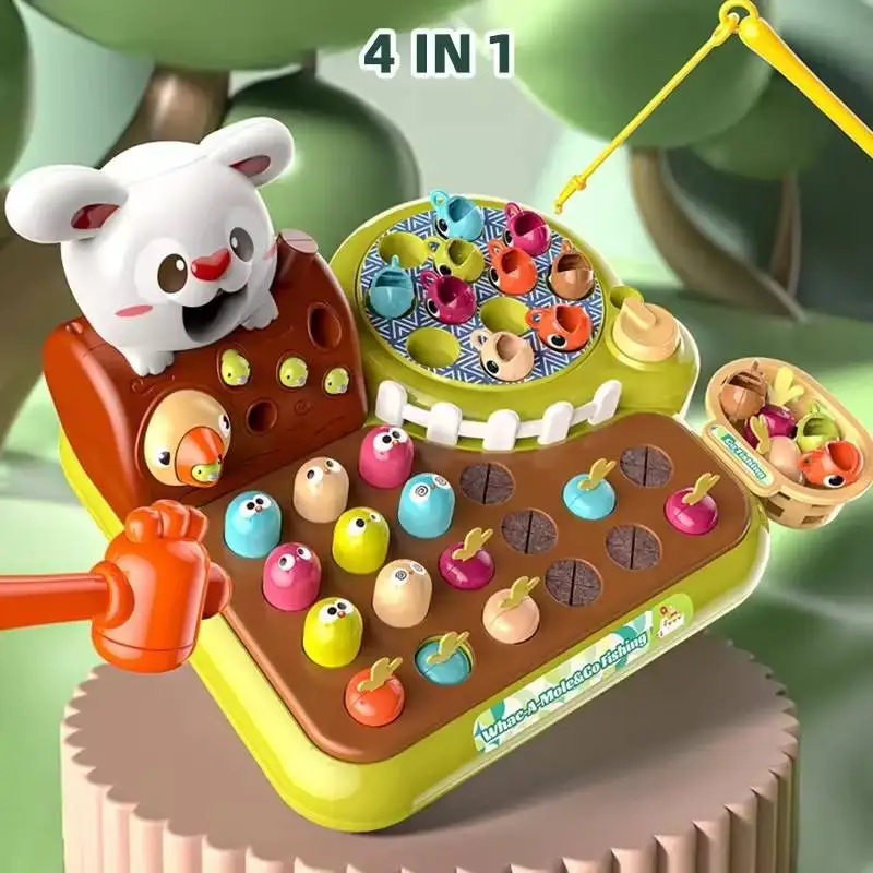 Happy Farm Hammer whack a mole speelgoed 4-in-1 elektronisch bordspel Hoge kwaliteit magnetisch visspel speelgoed voor peuters