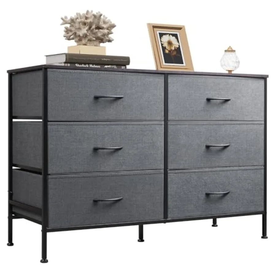 

Dresser for Bedroom with 6 Drawers, Wide Dresser TV Stand for 50 Inch TV, Grey Dresser with Metal Frame, Wooden Top, Fabric Dre