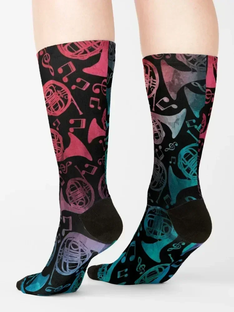 French Horn And Music Notes Pattern Socks soccer anti-slip sports stockings heated Stockings compression Socks Male Women's