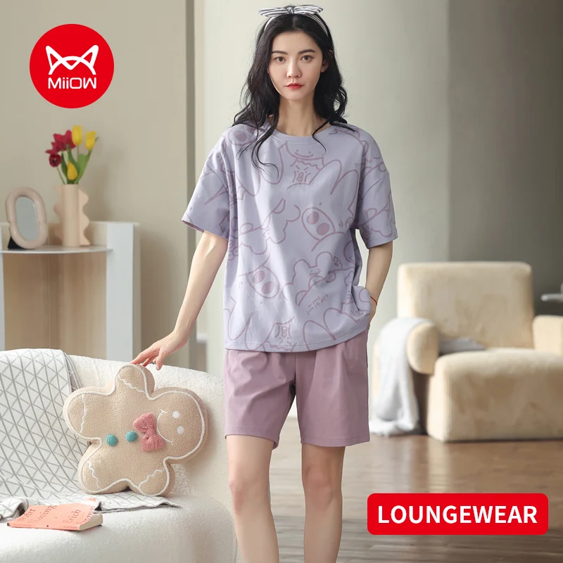 MiiOW Summer Loose  Breathable Cotton Soft Set Woman 2 Pieces Women\'s Pajama Set Short Sleeve Shorts Homewear Pyjama Pour Femme