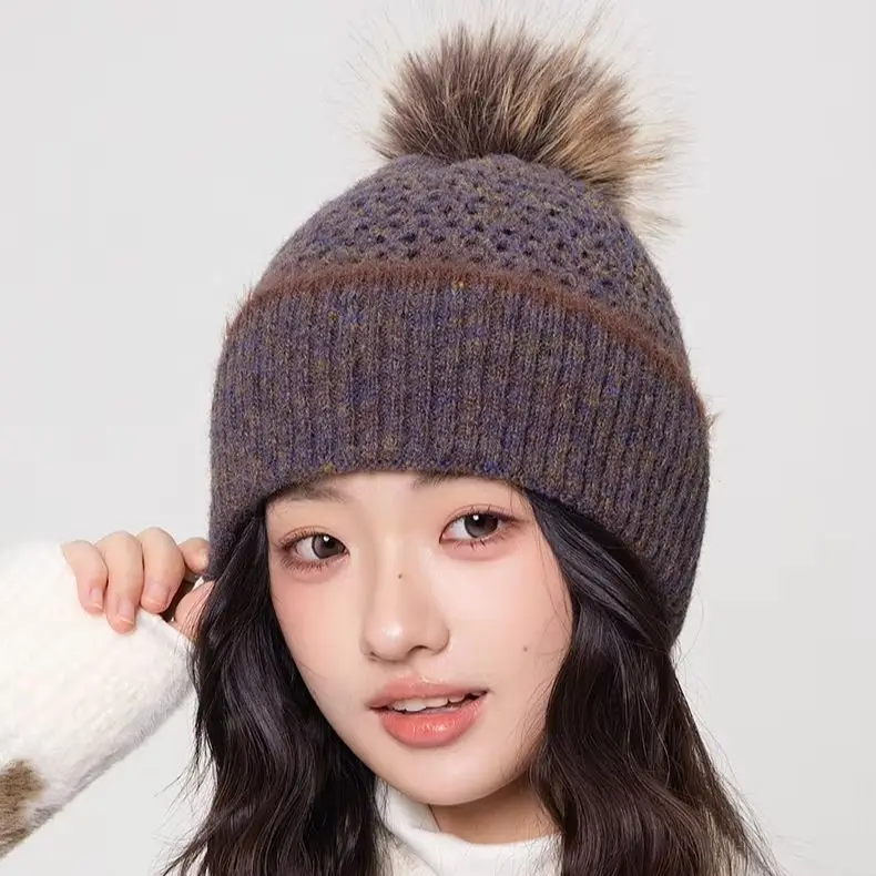 Women's Knit Autumn Winter Openwork Pom-Pom Beanie Flattering Larger Head Sizes Soft Versatile Stretchy Warm.