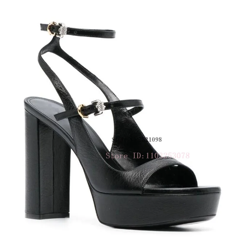 

Platform Sandals Crystal Double Buckle Fastening Ankle Strap Leather Ankle Wrap Decor Round Open Toe Summer Dress Shoes