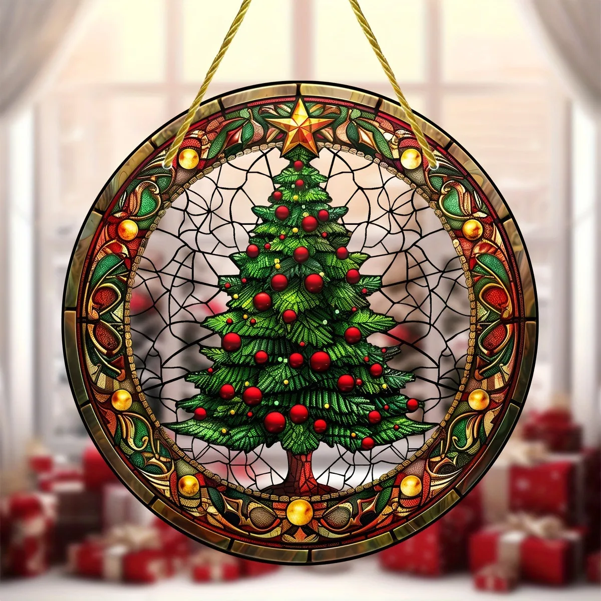 Holiday Christmas Tree Suncatcher Stained Glass Suncatcher Acrylic Painted Window Decoration Pendant Crystal Shelf Decorations
