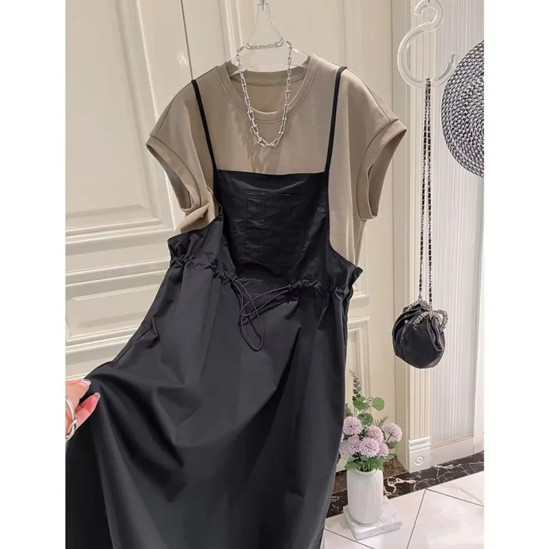 

Women's Summer New Original Design Round Neck Short Sleeve Medium Length Loose Commute Spliced Fake Two Piece Suspenders Dresses