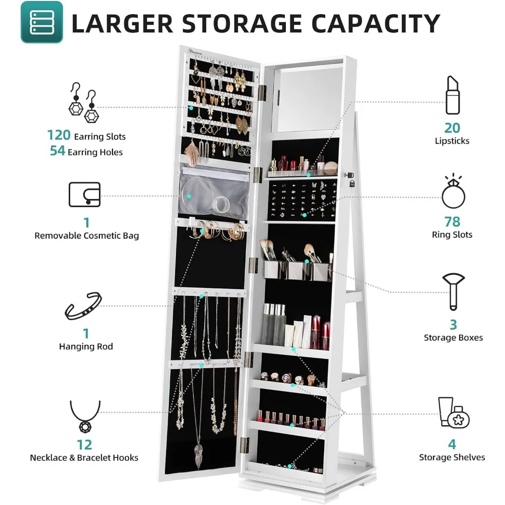 Abschließbarer stehender Schmucks chrank mit Ganzkörper spiegel 360 ° drehbarer Schmucks chrank weiß frachtfrei